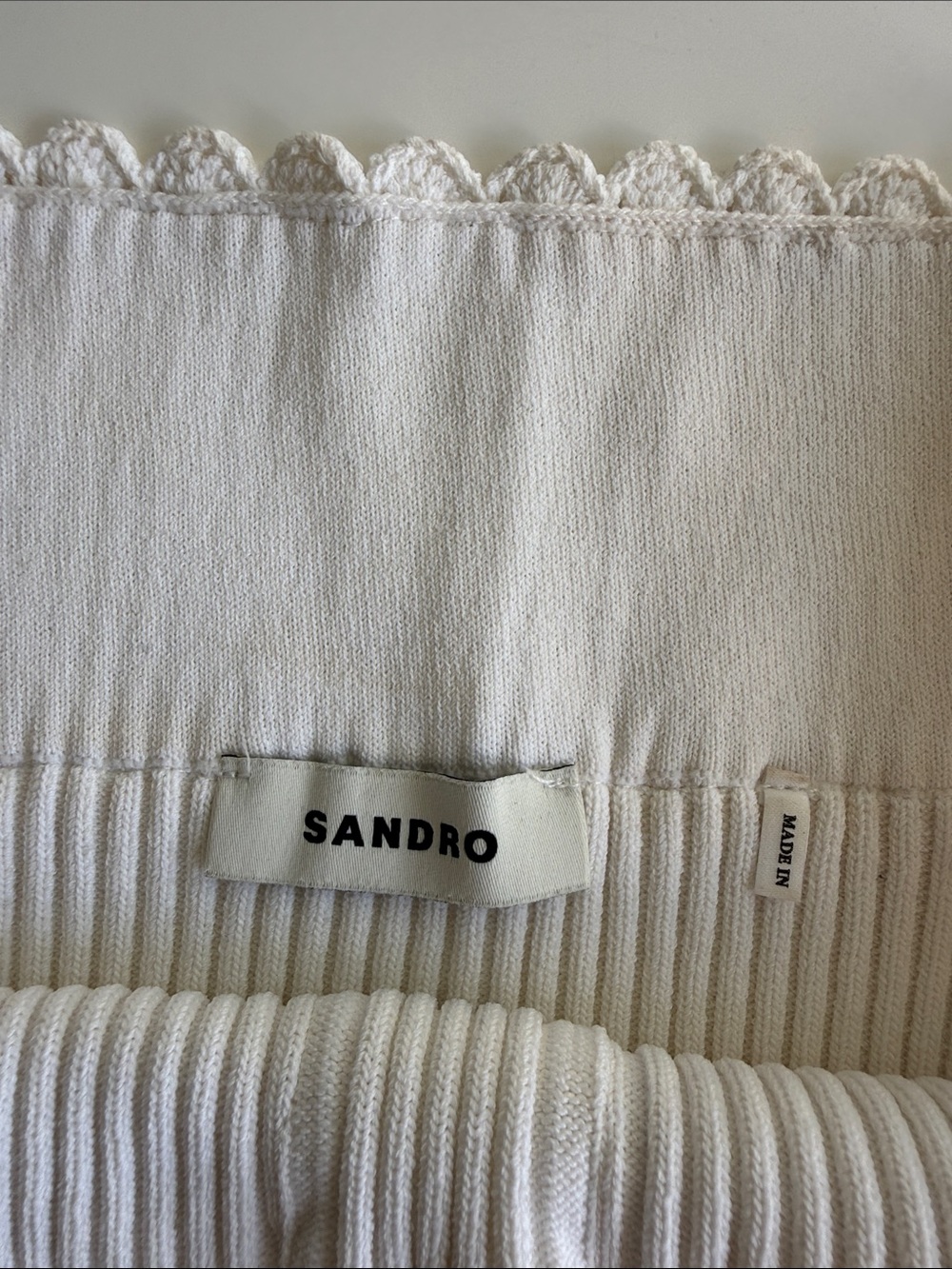 Sandro Off-Shoulder Ribbed Button-Front Knit Top in White - Picture 2 of 3